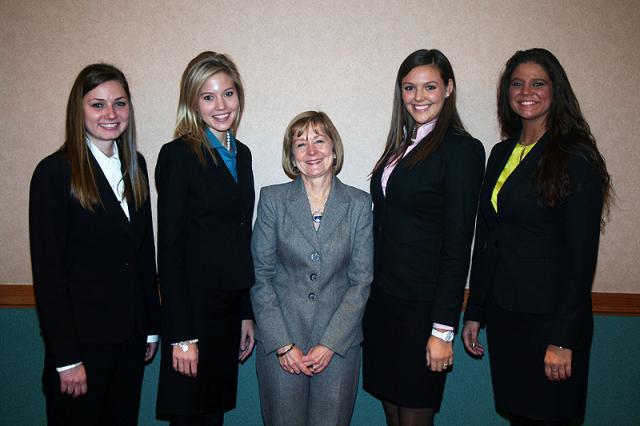 Professor Mary Ann Merryman, center, poses with the Saint Mary's INCPAS team. From left to right are Morgan, Christina, Christine, and Chelsea. are pn the far  Chelsea Pacconin 